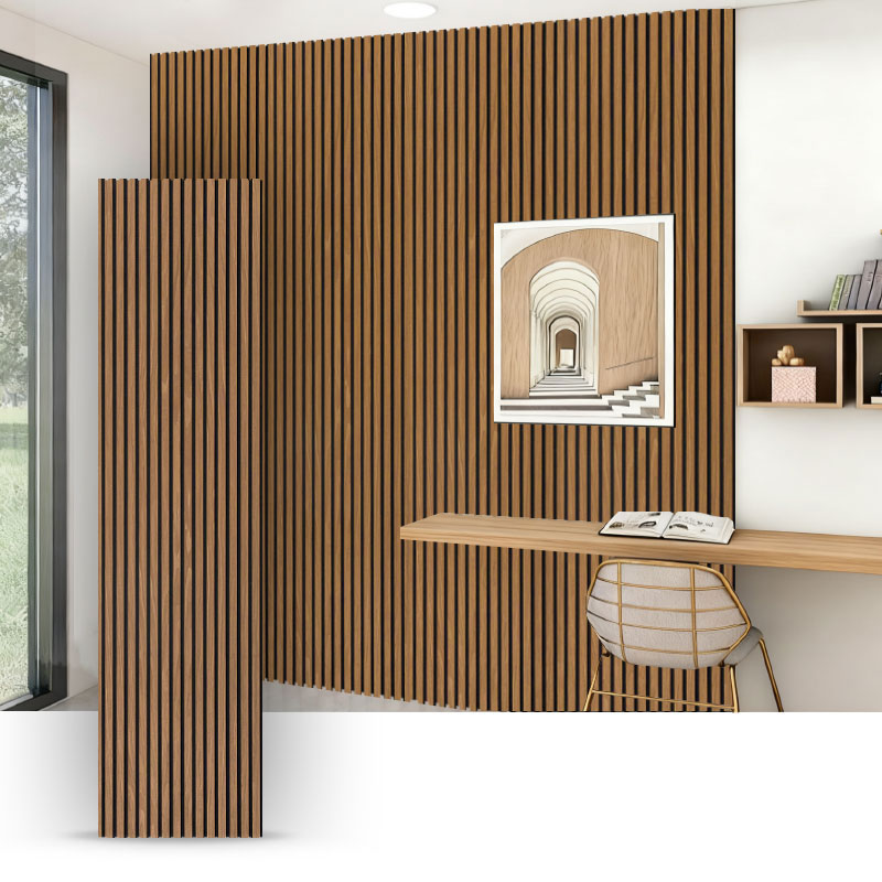 Balla Grille/Painéal Balla Fuaimiúil (Fillte Veinírín Adhmaid Innealtóireachta Trí Thaobh) - Dath Gráinne Adhmaid 2400/2700mm x 600mm